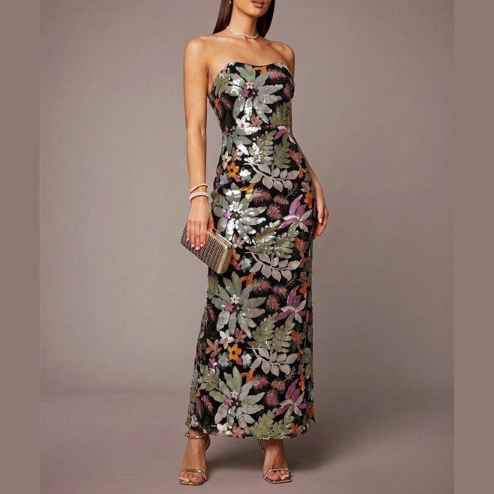 Black Sequin Floral Strapless Maxi Dress